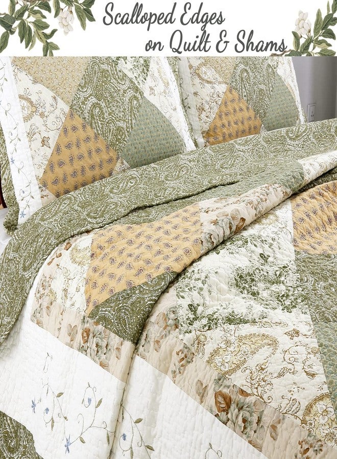 Cozy Line Home Fashions طقم لحاف قطني من قطعتين من كوزي لاين هوم فاشنز، مقاس مفرد، لون أخضر فاتح، بنقشة زهور ريفية مزخرفة ومطرزة. - Image 5