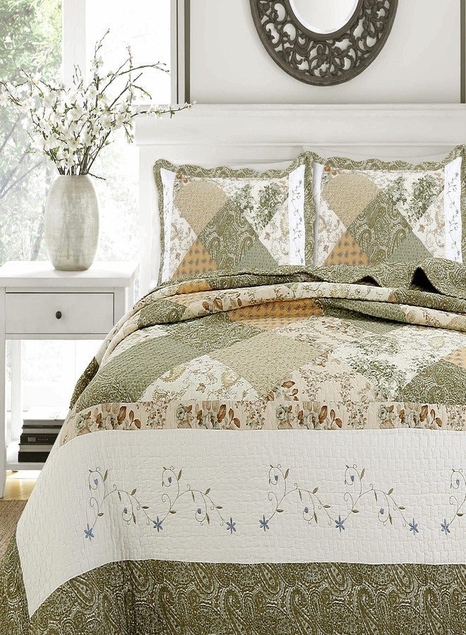 Cozy Line Home Fashions طقم لحاف قطني من قطعتين من كوزي لاين هوم فاشنز، مقاس مفرد، لون أخضر فاتح، بنقشة زهور ريفية مزخرفة ومطرزة. - Image 1