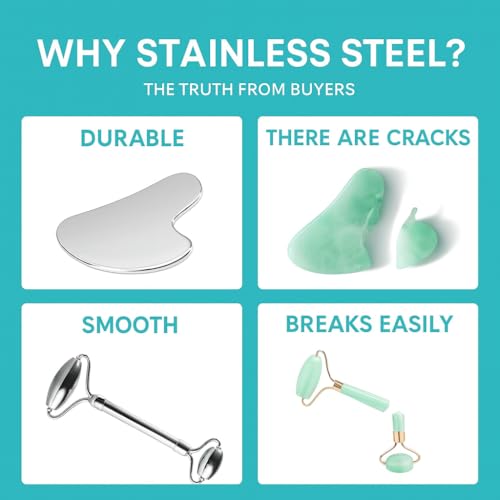 CAREMIMA Stianless Steel & Gua Sha Set | Skin Tightening Anti-Aging Facial Roller Massager for Women & Men | Skin Care Tool for Face, Neck, Eye to Reduce Wrinkles, Fine Lines, Jawline - Image 5