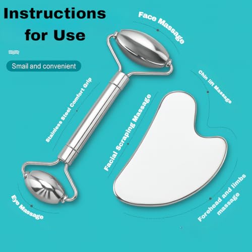 CAREMIMA Stianless Steel & Gua Sha Set | Skin Tightening Anti-Aging Facial Roller Massager for Women & Men | Skin Care Tool for Face, Neck, Eye to Reduce Wrinkles, Fine Lines, Jawline - Image 4