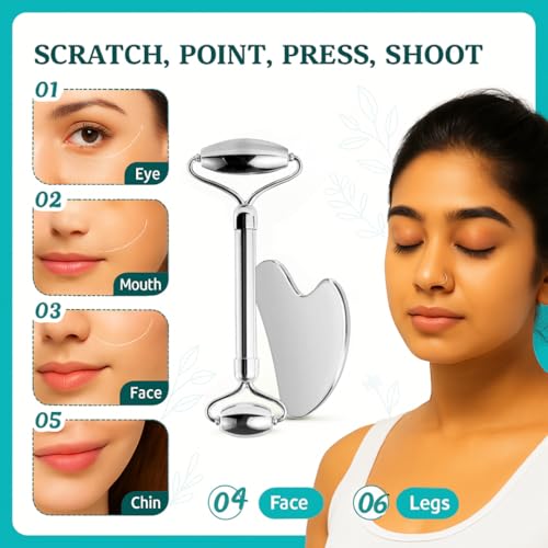 CAREMIMA Stianless Steel & Gua Sha Set | Skin Tightening Anti-Aging Facial Roller Massager for Women & Men | Skin Care Tool for Face, Neck, Eye to Reduce Wrinkles, Fine Lines, Jawline - Image 3