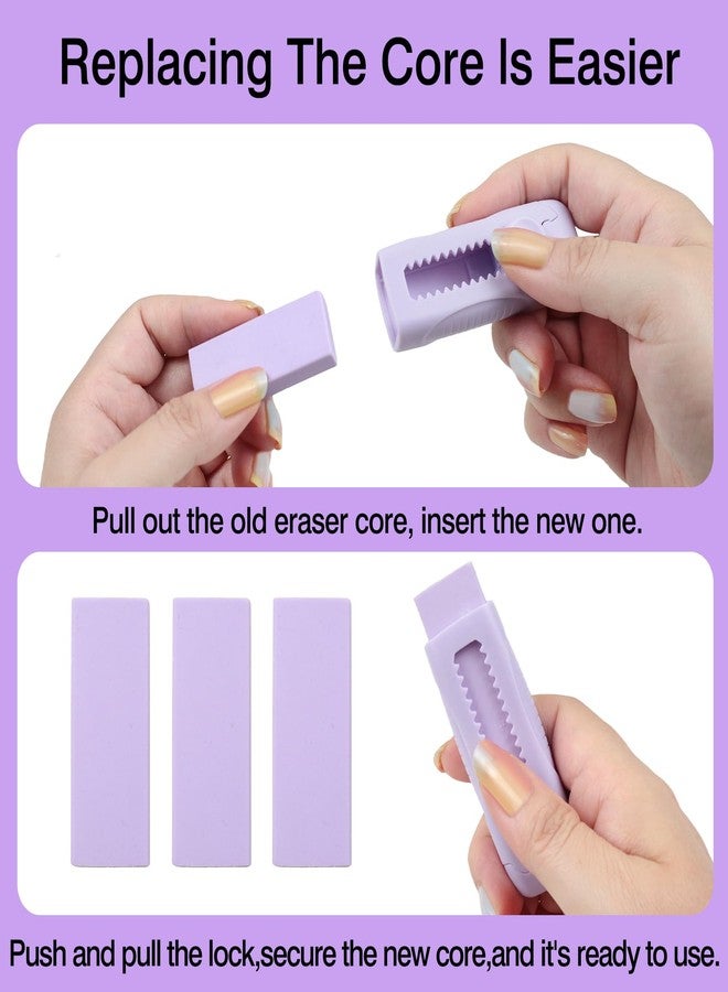 Ceemiaa 3+1 Pack Retractable Erasers - Soft Rubber Push-Pull Pencil Erasers with Plastic Sleeve & 3 Refills for School, Home, or Office (Purple) - Image 3