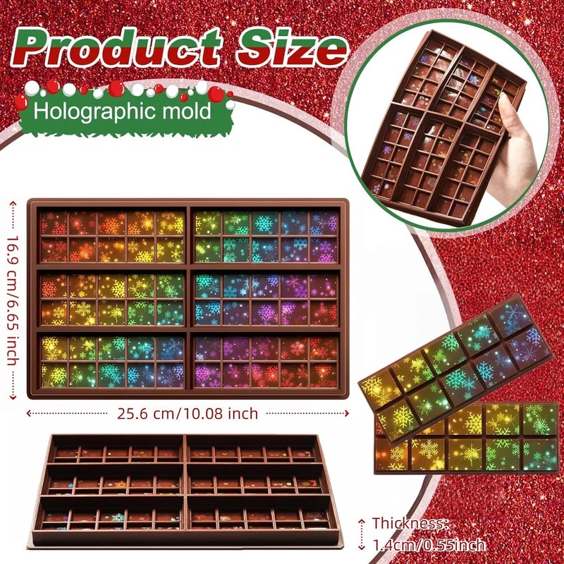 Ziliny Snowflake Holographic Chocolate Bar Mold Silicone, Rainbow Light Effect Chocolate Bar Deep Thick Molds for DIY Candy Dessert Baking, Candy, Wax Melts, Cake Decoration (Square) - Image 2