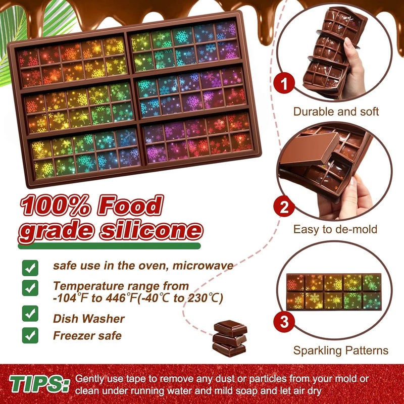 Ziliny Snowflake Holographic Chocolate Bar Mold Silicone, Rainbow Light Effect Chocolate Bar Deep Thick Molds for DIY Candy Dessert Baking, Candy, Wax Melts, Cake Decoration (Square) - Image 3