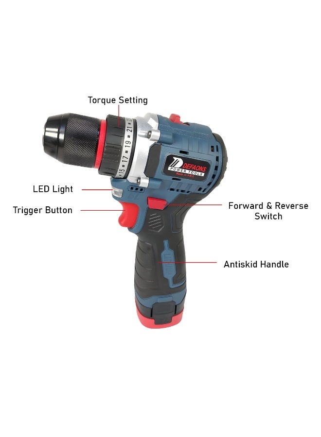 ديفاونز مجموعة مثقاب لاسلكي 16.8 فولت مع بطاريتين وشاحن - محرك بدون فرشاة، سرعة متغيرة، 25+1 إعداد لعزم الدوران، ضوء LED، تحكم أمامي/خلفي - حفر التأثير، خشب/معدن/بلاستيك - حقيبة أدوات كاملة - Image 2
