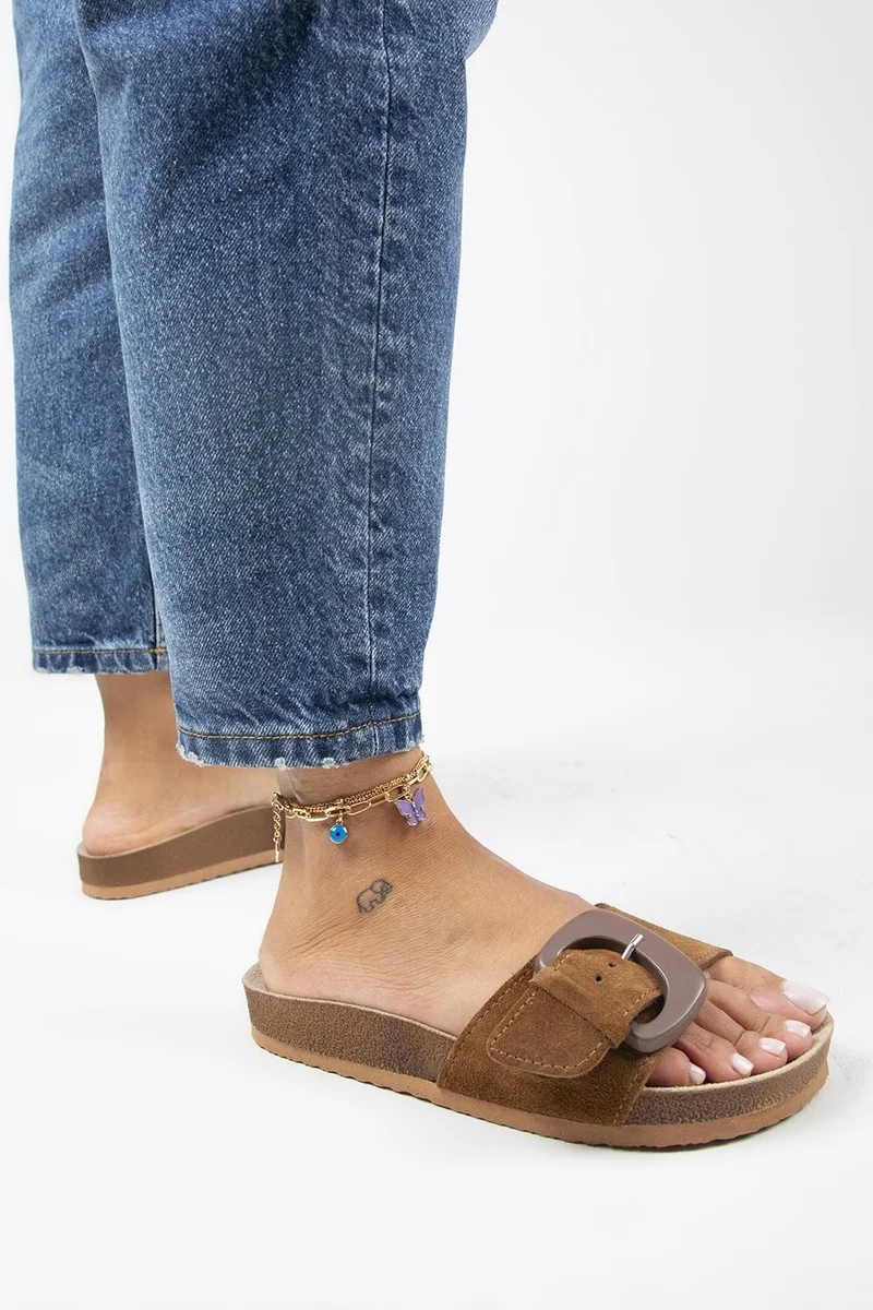 Manijero Manjero Alandra Genuine Leather Single Strip Tan Slippers