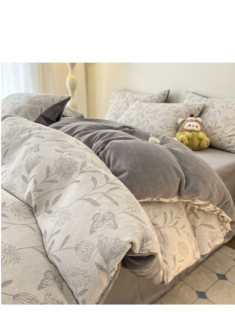 Generic Bed Sheet Style — Carved Velvet Cloth Embroidered Wide Edge Milk Velvet Four Piece Bedding Set  - Image 1