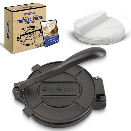 StarBlue 10 Inch Cast Iron Tortilla Press by StarBlue with FREE 100 Pieces Oil Paper and Digital Recipes e-book - Tool to make Indian style Chapati, Flour Tortilla, Roti - Image 1