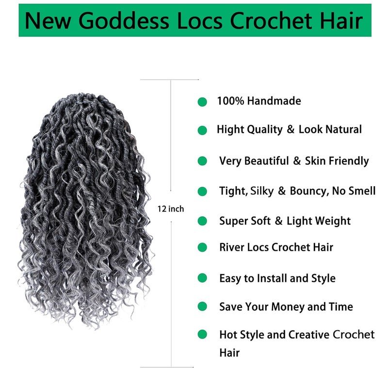 YESEGO Goddess Locs Crochet Hair 12 Inch Faux Locs Ombre Grey Crochet Hair for Women 6 Packs Crochet Hair Pre Looped Gray Soft River Synthetic Hair Extensions, 1b/grey - Image 3