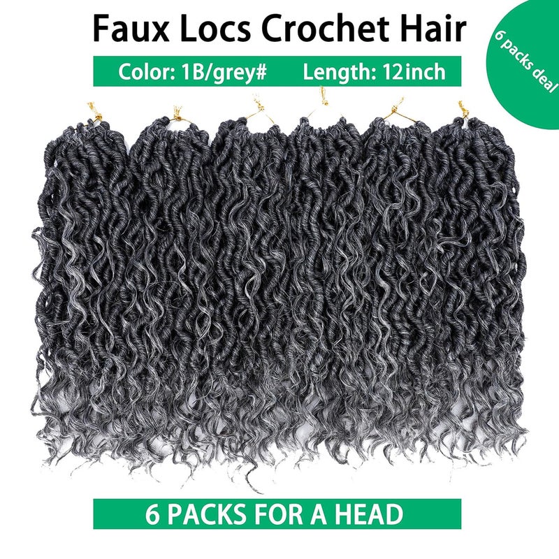 YESEGO Goddess Locs Crochet Hair 12 Inch Faux Locs Ombre Grey Crochet Hair for Women 6 Packs Crochet Hair Pre Looped Gray Soft River Synthetic Hair Extensions, 1b/grey - Image 2