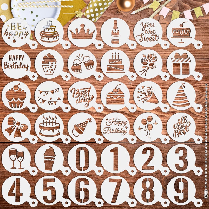 JULBEAR Birthday Cookie Stencils 36 Pieces Reusable Coffee Decoration Stencils Templates Tools for Cookies Baking Painting Dessert Decoration DIY Birthday Party Decor