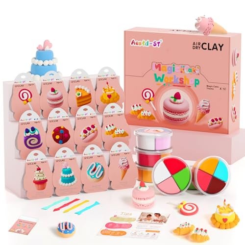 Aestd-ST Air Dry Clay Kit Cake Themed Modeling Clay for Kids Dessert DIY Model Magic Clay with Tools and Tutorials 12 Boxes Molding Clay Ultra Light Soft NonSticky Arts and Crafts Gifts for Kids - Image 1