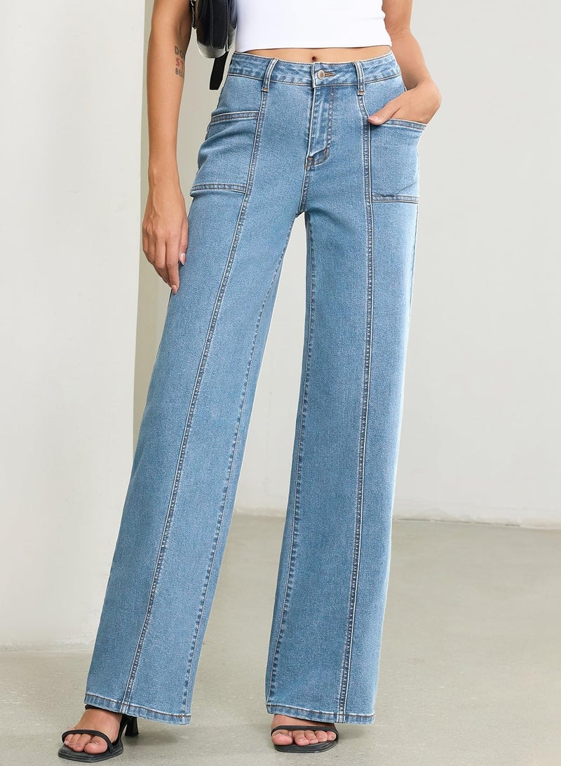 Sidefeel Womens Wide Leg Jeans High Waisted Stretchy Straight Leg Baggy Denim Pants Iceland Blue Size 8 - Image 4