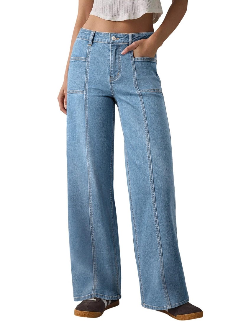 Sidefeel Womens Wide Leg Jeans High Waisted Stretchy Straight Leg Baggy Denim Pants Iceland Blue Size 8 - Image 1
