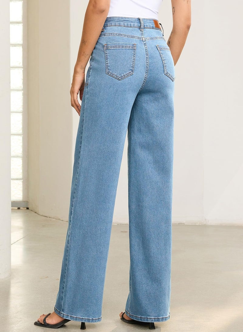 Sidefeel Womens Wide Leg Jeans High Waisted Stretchy Straight Leg Baggy Denim Pants Iceland Blue Size 8 - Image 2