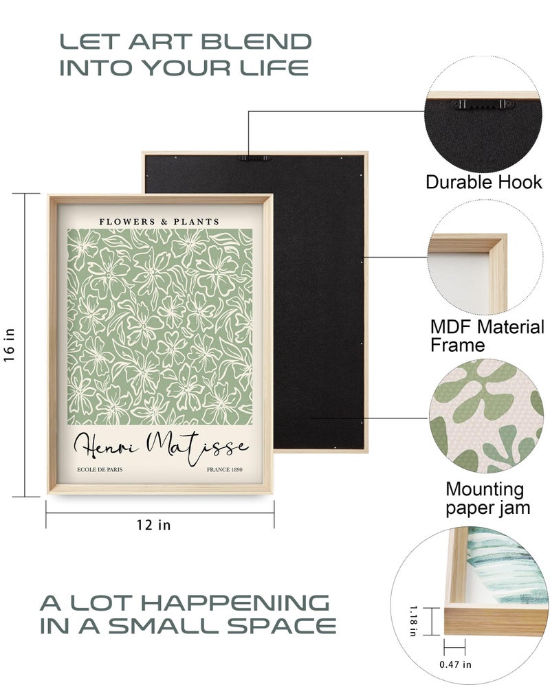 HesenDot Framed Matisse Sage Green Wall Art,William Morris Canvas Wall Decor,16x12IN High Framed Wood Design Prints,Minimalist Classic Decor Aesthetic for Living Room,Bedroom,Bathroom Set of 3 - Image 4