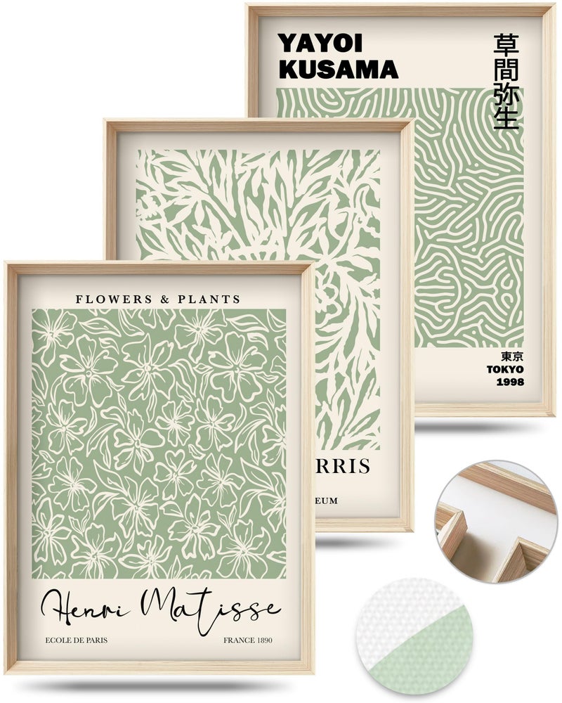 HesenDot Framed Matisse Sage Green Wall Art,William Morris Canvas Wall Decor,16x12IN High Framed Wood Design Prints,Minimalist Classic Decor Aesthetic for Living Room,Bedroom,Bathroom Set of 3 - Image 1