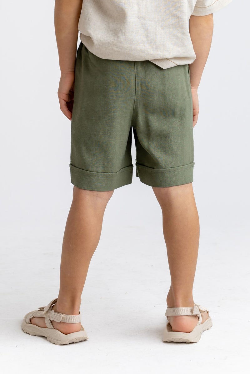 Oliven The Kid Khaki Linen Elastic Waist Laced Pocket Unisex Shorts - Image 5