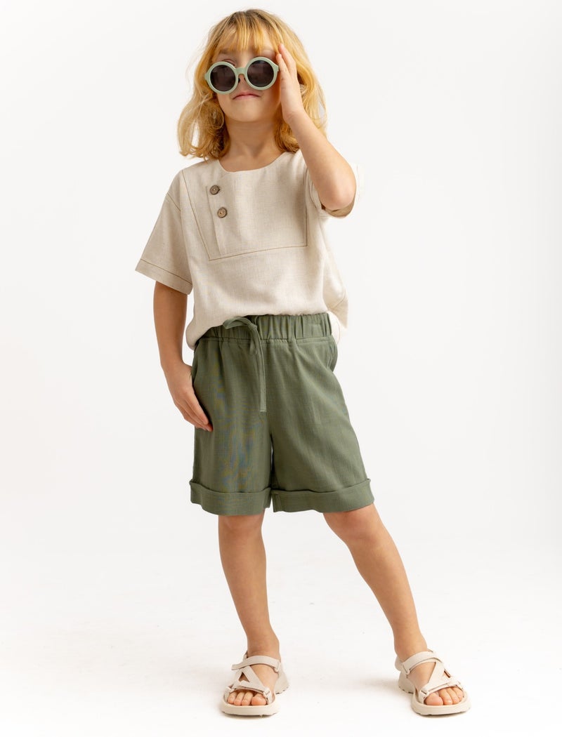 Oliven The Kid Khaki Linen Elastic Waist Laced Pocket Unisex Shorts - Image 3