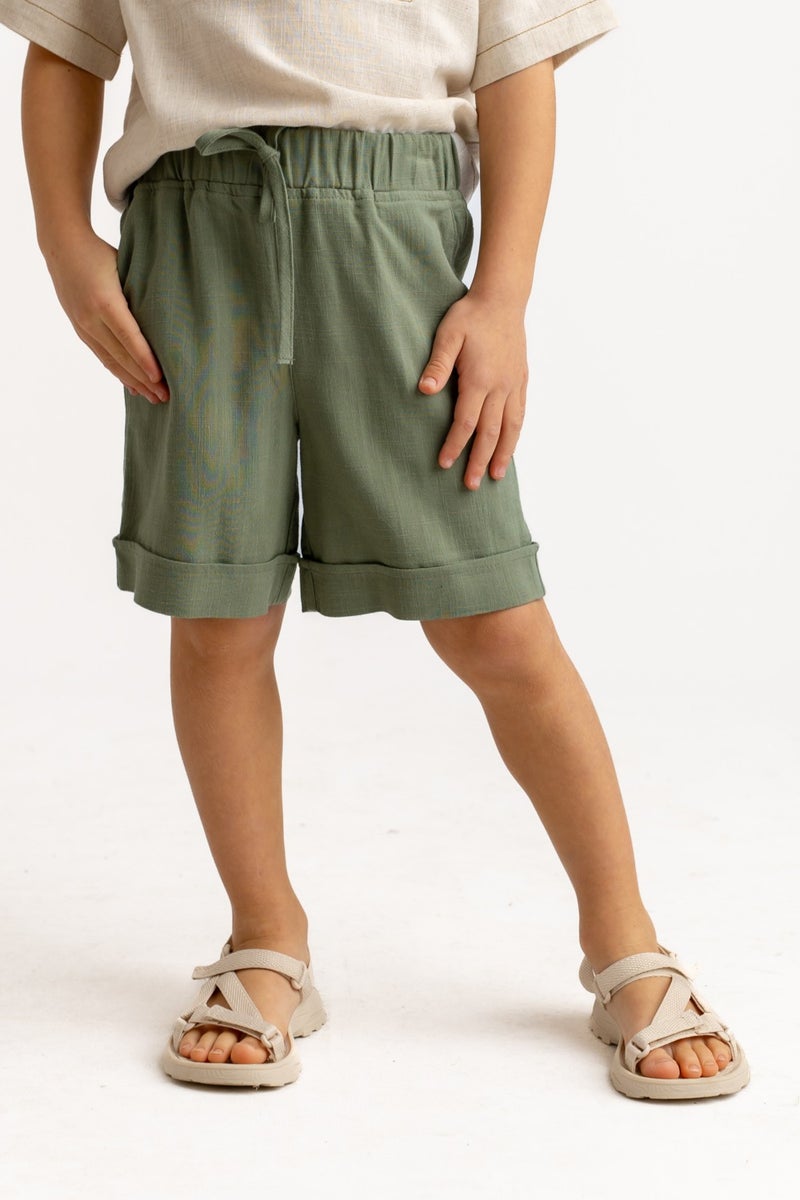 Oliven The Kid Khaki Linen Elastic Waist Laced Pocket Unisex Shorts - Image 1