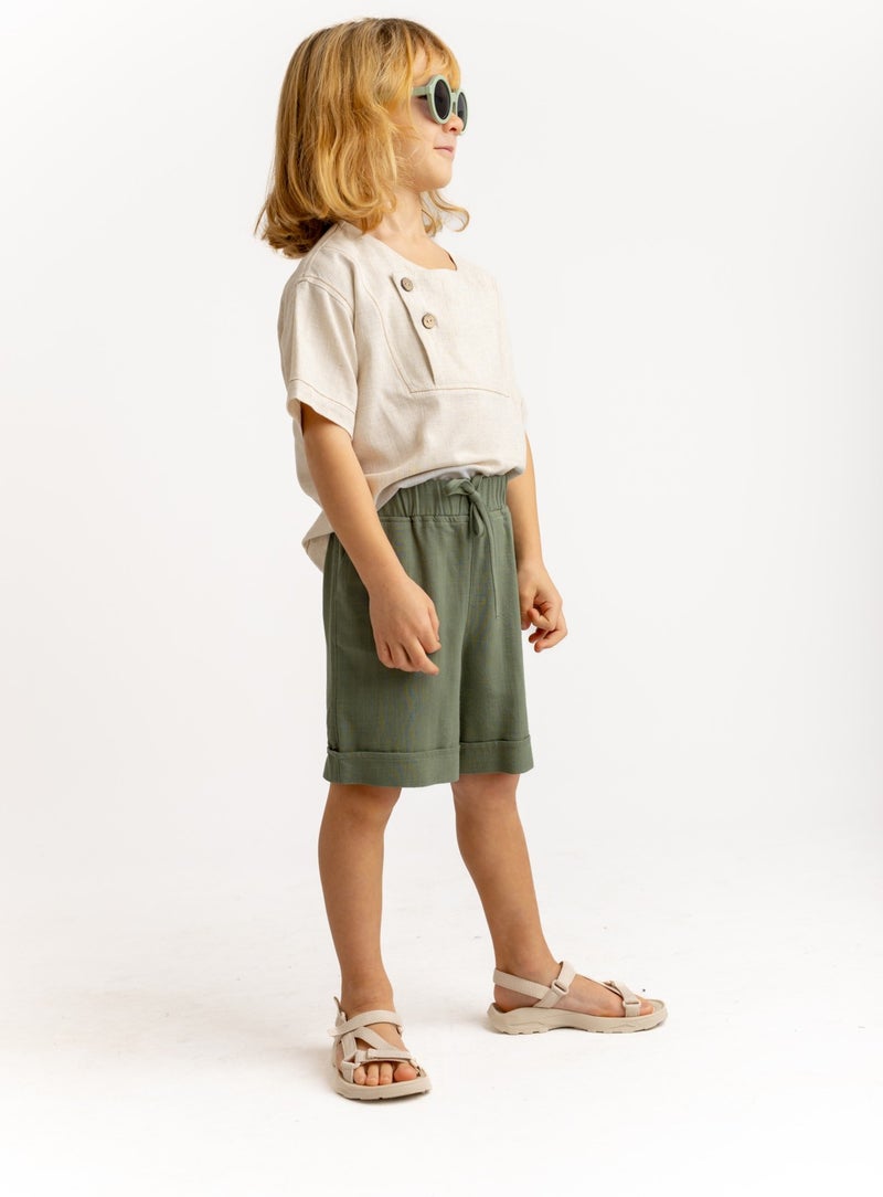 Oliven The Kid Khaki Linen Elastic Waist Laced Pocket Unisex Shorts - Image 4
