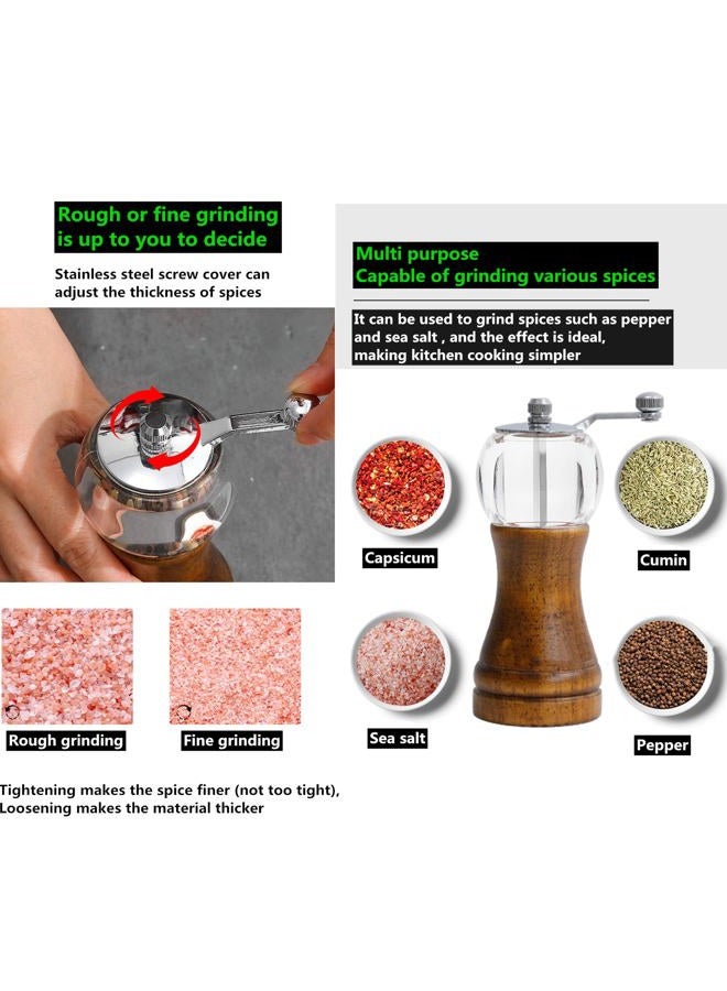 VEIZIBEE Pepper Mill, Classical Roast Black Manual Pepper Grinder Set, Hand Shake Salt Mill, Retro Style Wood， Acrylic，Ceramic Blades，Metal Handle, Enjoy Fresh Pepper （Walnut color 2pcs-5in） - Image 4