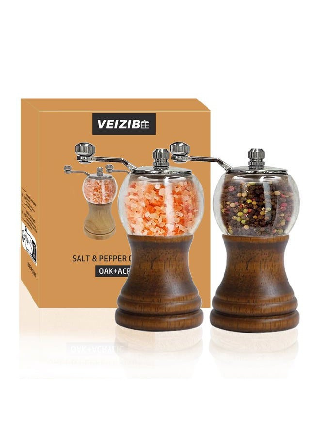 VEIZIBEE Pepper Mill, Classical Roast Black Manual Pepper Grinder Set, Hand Shake Salt Mill, Retro Style Wood， Acrylic，Ceramic Blades，Metal Handle, Enjoy Fresh Pepper （Walnut color 2pcs-5in） - Image 1