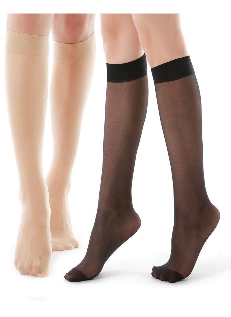 SYOSI - Stockings for Women, Sheer Knee High Reinforced Toe Knee Highs Pantyhose Socks Opaque Nude Tights Elastic Soft Women's Sheers for Women Girls, Black and Nude 10 Pairs - Image 1