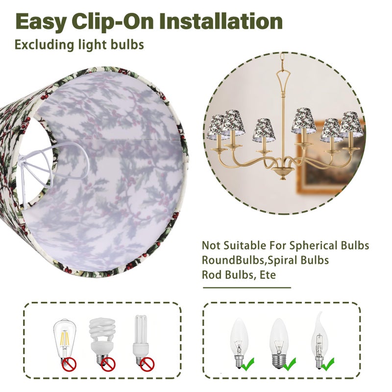 Mr.Color Clip On Chandelier Shades Set of 6,Small Empire Lamp Shades Printed Fabric 3.1" x 5.9" x 5.1" for E12 Candelabra Bulbs,Holly Leaves & Red Berries for Chandeliers,Wall Sconces,Table Lamps - Image 5