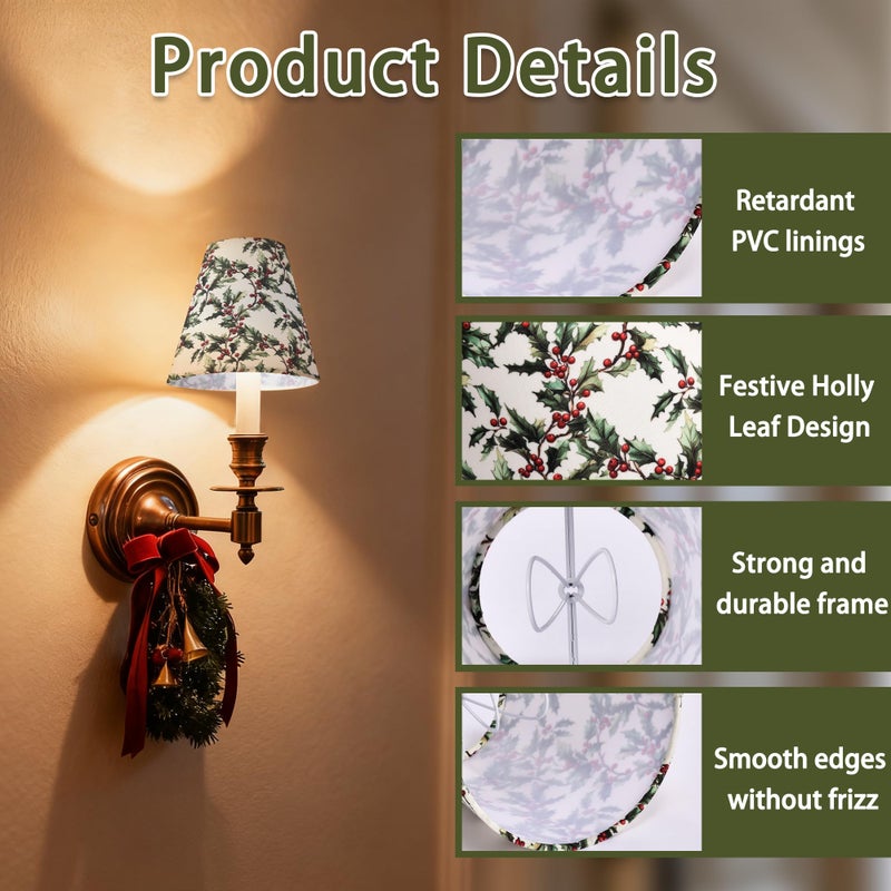 Mr.Color Clip On Chandelier Shades Set of 6,Small Empire Lamp Shades Printed Fabric 3.1" x 5.9" x 5.1" for E12 Candelabra Bulbs,Holly Leaves & Red Berries for Chandeliers,Wall Sconces,Table Lamps - Image 4
