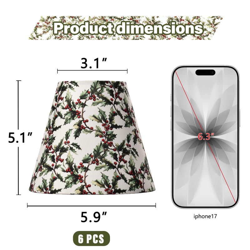 Mr.Color Clip On Chandelier Shades Set of 6,Small Empire Lamp Shades Printed Fabric 3.1" x 5.9" x 5.1" for E12 Candelabra Bulbs,Holly Leaves & Red Berries for Chandeliers,Wall Sconces,Table Lamps - Image 3