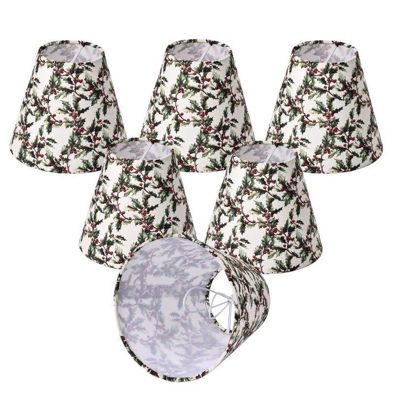 Mr.Color Clip On Chandelier Shades Set of 6,Small Empire Lamp Shades Printed Fabric 3.1" x 5.9" x 5.1" for E12 Candelabra Bulbs,Holly Leaves & Red Berries for Chandeliers,Wall Sconces,Table Lamps - Image 1