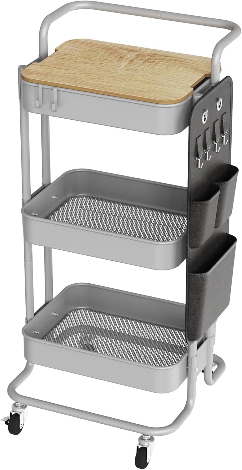 DTK عربة دوارة معدنية متعددة الاستخدامات من بثلاثة أرفف مع سطح طاولة وحقائب جانبية، عجلات تخزين منظمة، 4 خطافات للحرف اليدوية للمطبخ والحمام والمكتب وغرفة المعيشة (رمادي) - Image 1