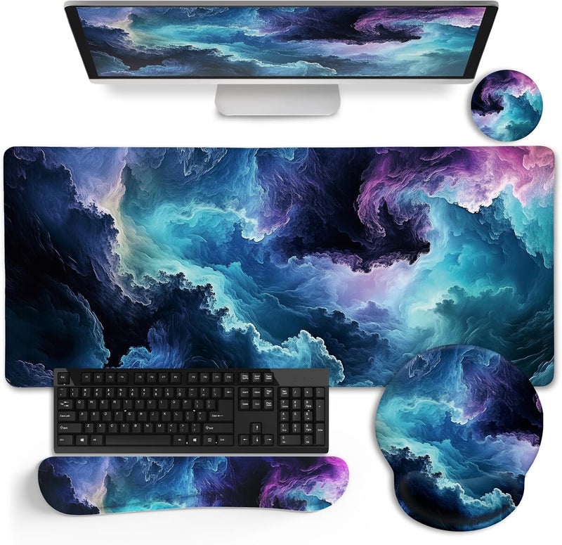 Galaxy Mouse Pad Set Large Desk Matt for Desktop, Ergonomic Mouse Pad with Wrist Rest, Gaming Mousepad Wrist Support Keyboard Mat Cup Coaster Set Cute Office Desk Decor Accessories - Image 1