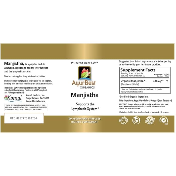AyurBest Manjistha Herbal Supplements 400mg Capsules, USDA Organic, Kosher - 90 Count - Image 2
