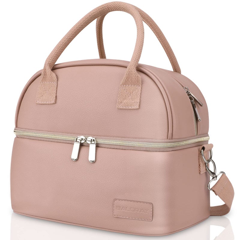 BALORAY Lunch Bag for Women Men, Double Deck Lunch Box for Adults, PU Leather Lunch Tote Bag Insulated Lunch Bags with Strap for Work Office Picnic - Image 1