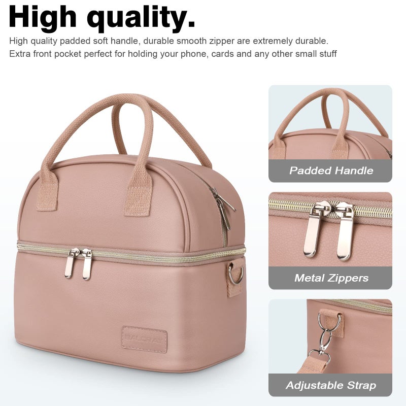 BALORAY Lunch Bag for Women Men, Double Deck Lunch Box for Adults, PU Leather Lunch Tote Bag Insulated Lunch Bags with Strap for Work Office Picnic - Image 4
