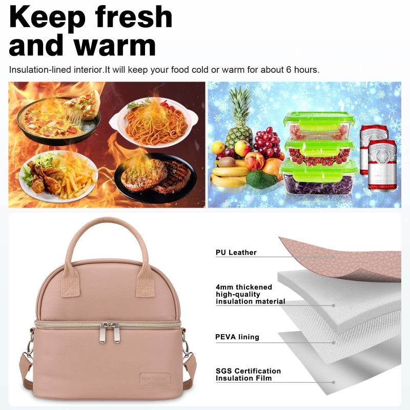 BALORAY Lunch Bag for Women Men, Double Deck Lunch Box for Adults, PU Leather Lunch Tote Bag Insulated Lunch Bags with Strap for Work Office Picnic - Image 3