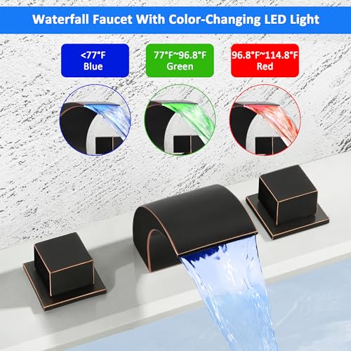 SKOWLL Waterfall LED Bathroom Faucet, Oil Rubbed Bronze Vanity Faucet for Sink 3 Hole, 8 Inch Widespread Roman Tub Faucets with Two Handle - Image 3