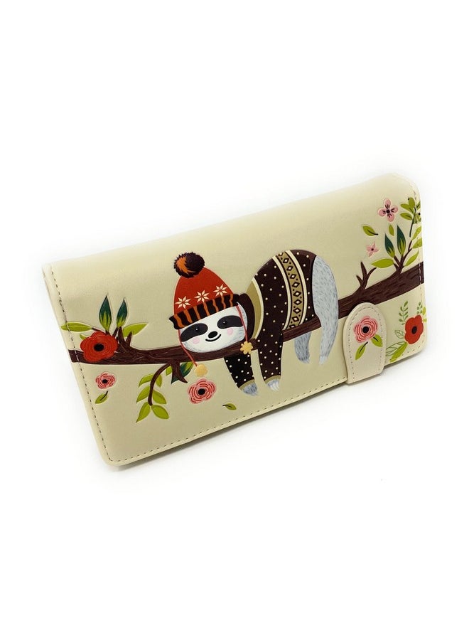 Shag Wear Chillin Sloth Large Animal Wallet For Women And Teen Girls Vegan Faux Leather Beige 7"  - Image 1
