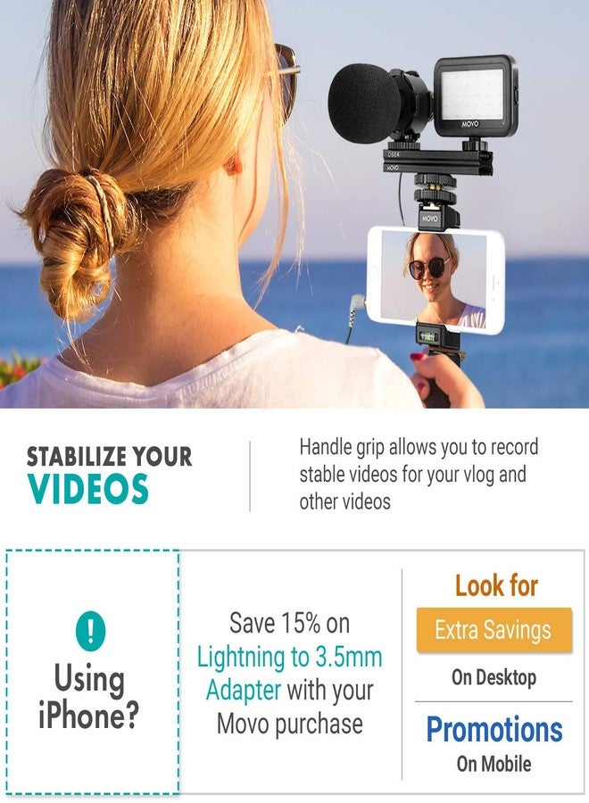Movo Vlog Kit V7 - YouTube Starter Kit with Grip, Stereo Microphone, Light and Wireless Remote Vlogging Kit for iPhone for YouTube, TikTok, Vlogging Equipment for iPhone/Android - iPhone Vlogging Kit - Image 2