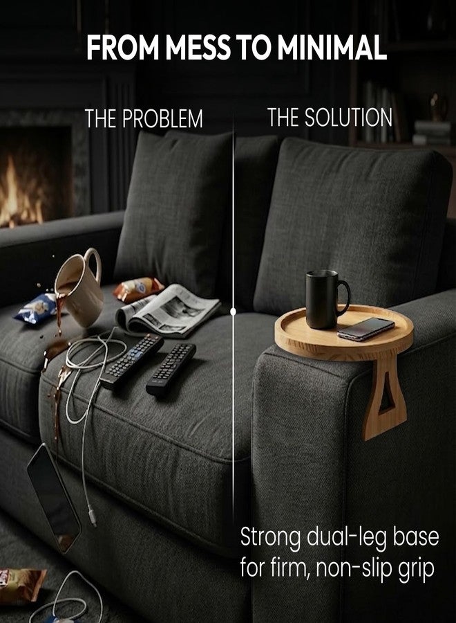 Questsole Home Round Sofa Armrest Tray – 10 Inch Bamboo Clip-On Couch Table for Coffee Snacks Remote & Phone with Adjustable Arm Clamp - Image 4