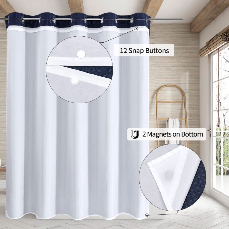 MitoVilla No Hooks Required Navy Blue Waffle Shower Curtain Set with Snap-in Liner  Modern Heavyweight Fabric Shower Curtain for Hotel Grade Spa-Like Bathroom Decor  72 x 74 - Image 2