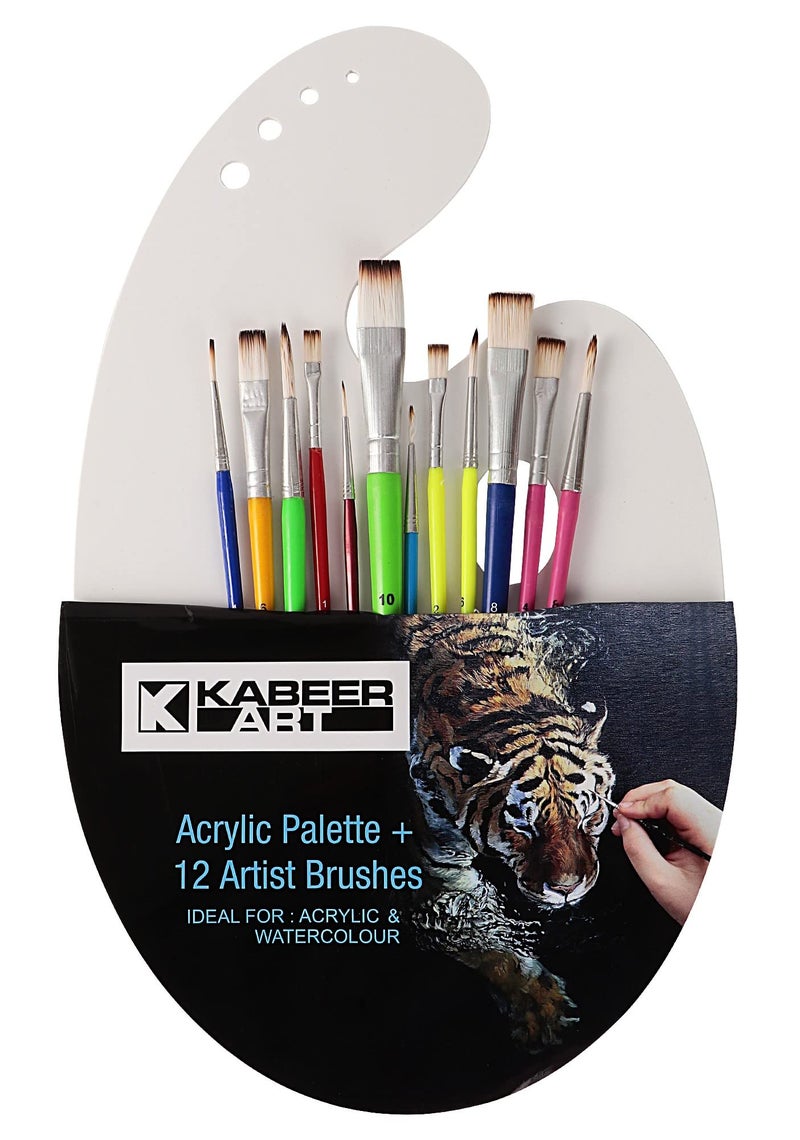 Kabeer Art 12pc Synthetic Paintbrush Set with Acrylic Painting Palette for Watercolor and Acrylic Painting - Image 1