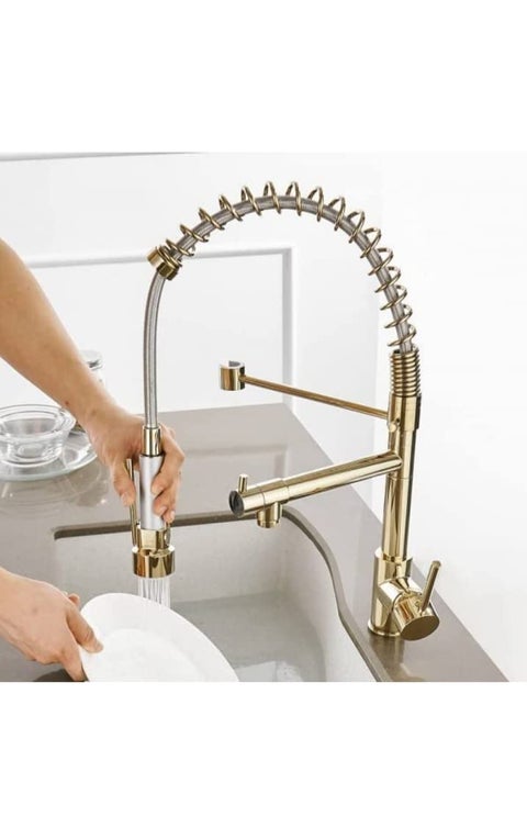 Brasswith Stainless Steel 304 Heavy Spring Style Table Mounted Kitchen Sink Mixer with Multi Function with Connecting Hoses Gold