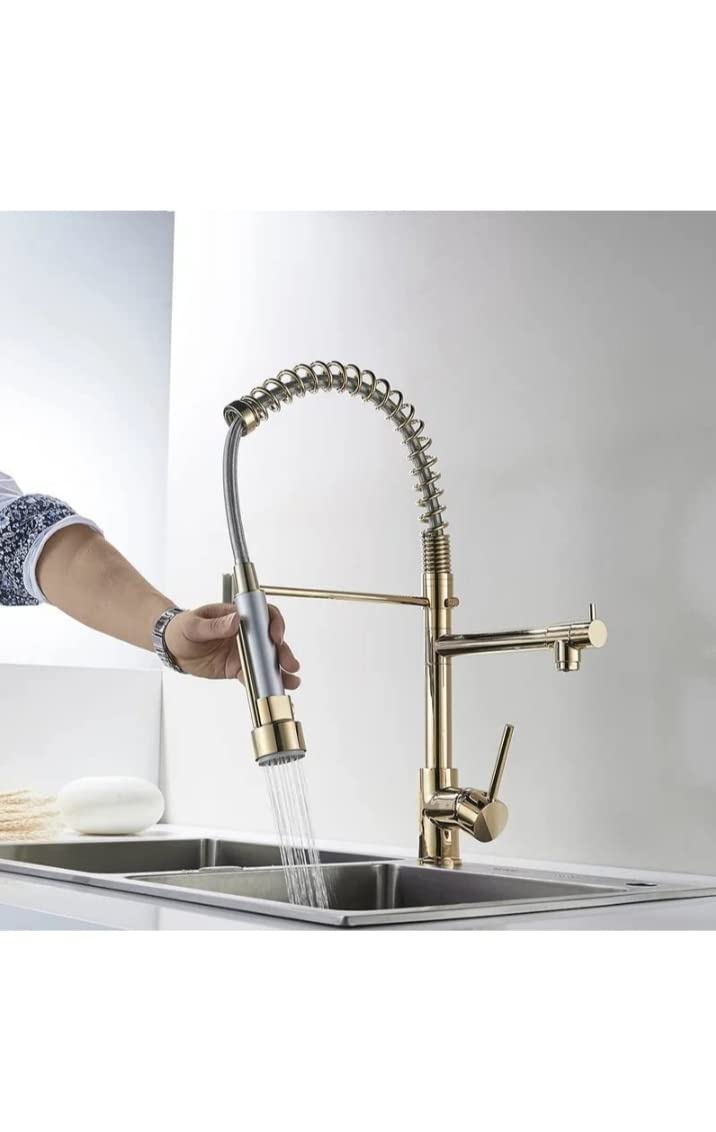 Brasswith Stainless Steel 304 Heavy Spring Style Table Mounted Kitchen Sink Mixer with Multi Function with Connecting Hoses Gold
