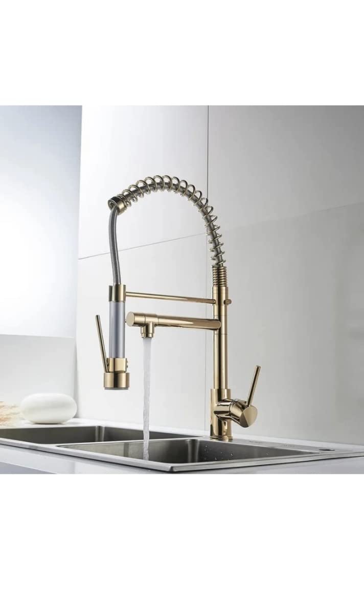 Brasswith Stainless Steel 304 Heavy Spring Style Table Mounted Kitchen Sink Mixer with Multi Function with Connecting Hoses Gold