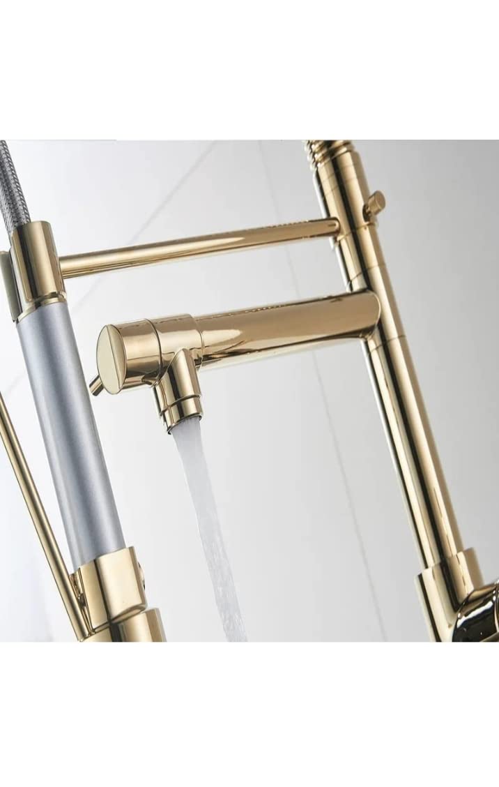 Brasswith Stainless Steel 304 Heavy Spring Style Table Mounted Kitchen Sink Mixer with Multi Function with Connecting Hoses Gold