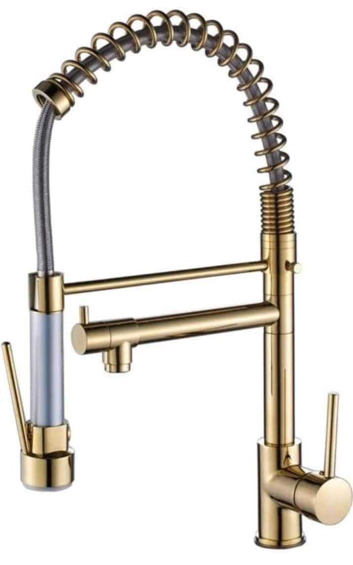 Brasswith Stainless Steel 304 Heavy Spring Style Table Mounted Kitchen Sink Mixer with Multi Function with Connecting Hoses Gold