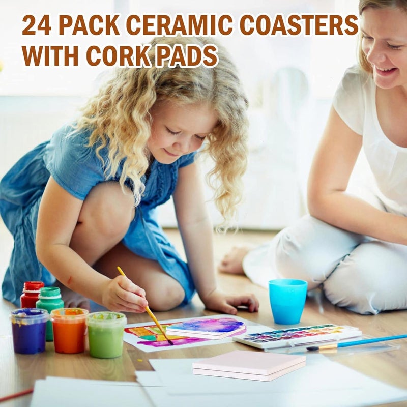 COYMOS 24 Pcs Ceramic Tiles for Crafts Ceramic Coasters for Crafts Blank White Unglazed Ceramic Tile for Painting, Alcohol Ink, Acrylic Pouring - DIY Coaster - Cork Backing Pads Included (4x4 inch) - Image 2